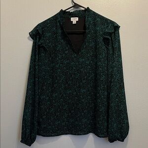 J. Crew Black and Green Floral Blouse